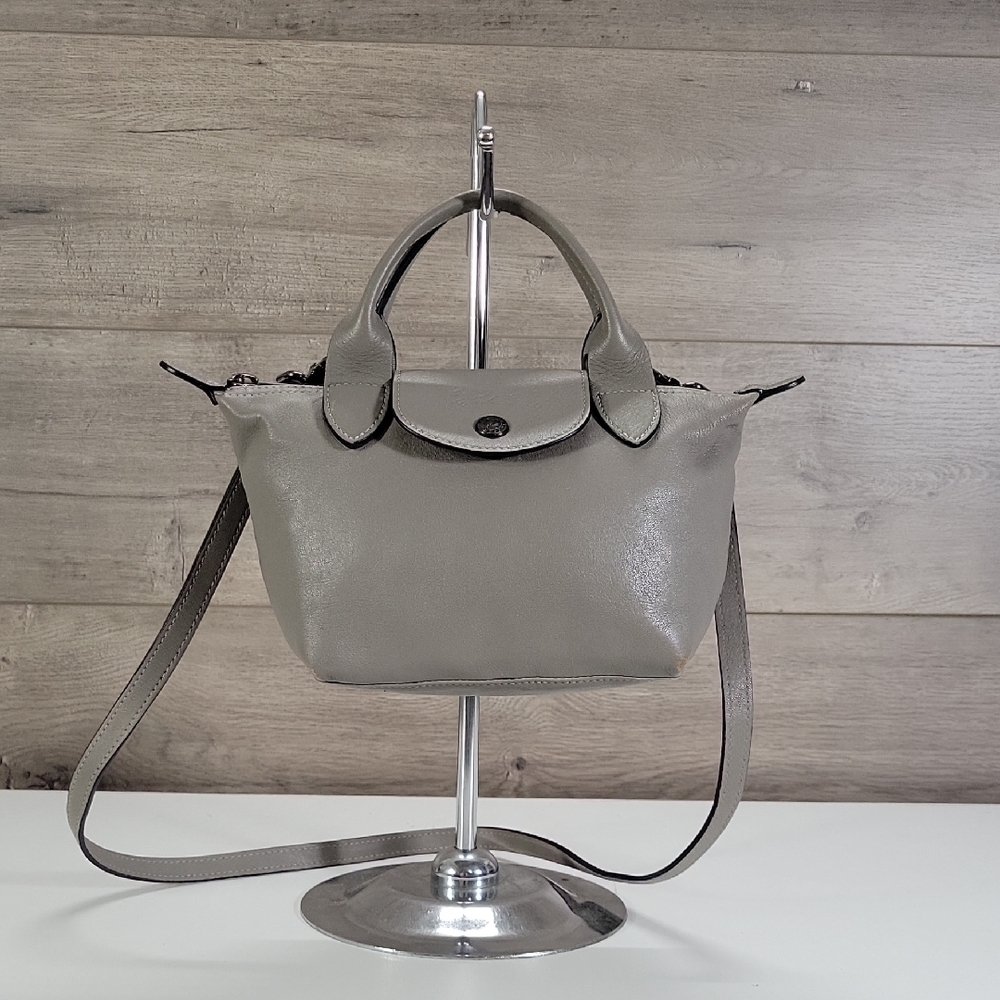 Longchamp Le Pliage Xtra Small Gray Leather Clutch Crossbody Bag